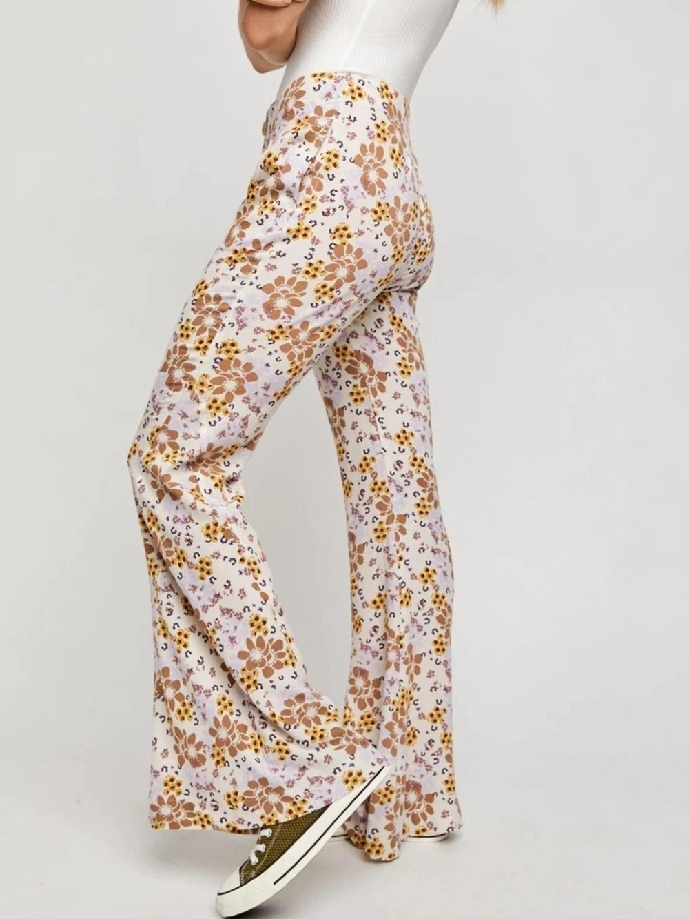 Free People Floral Wide-Leg Pants in White, Brown and Yellow